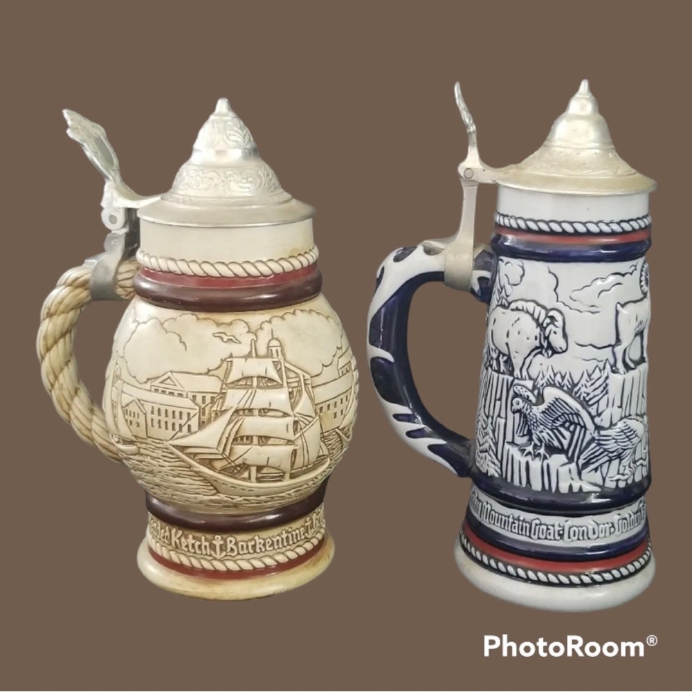 Avon 'Alaskan Moose' (1977) & 'Sailing Ship' (1978) Ceramic Beer Steins